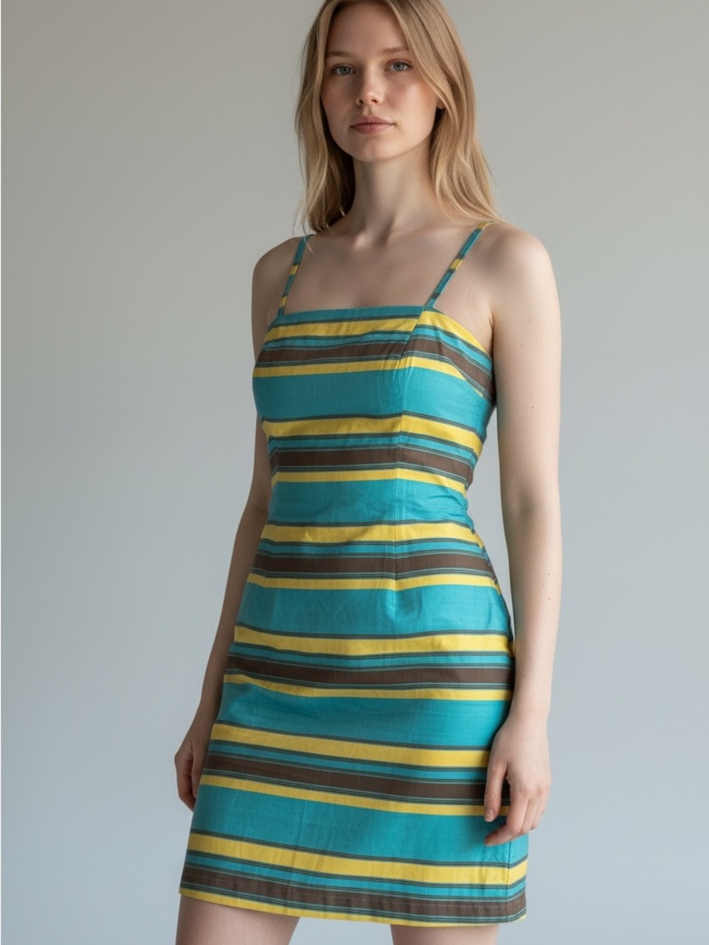French Connection Teal, Yellow & Brown Striped Spaghetti‑Strap Mini Silk Dress